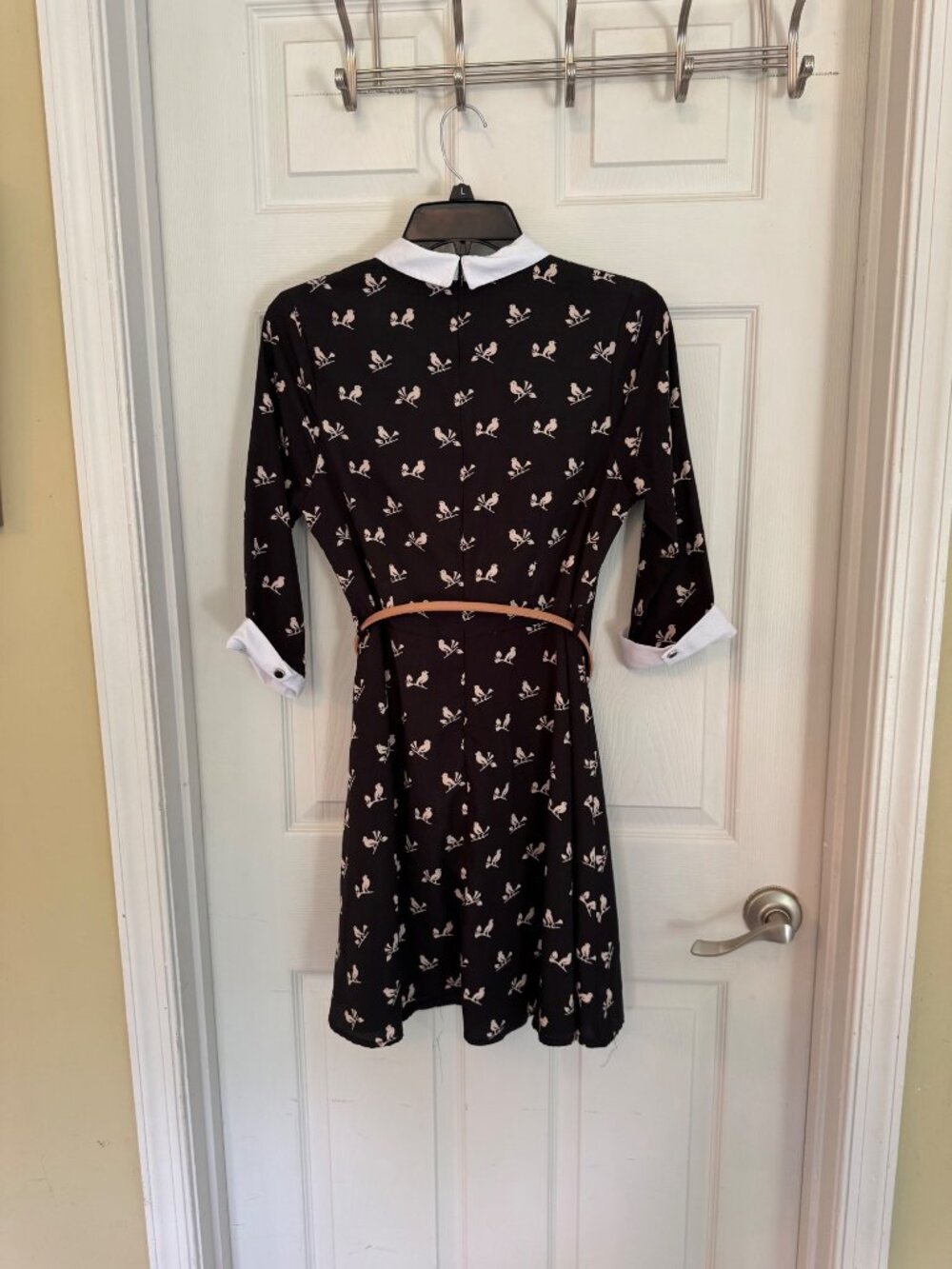 Yumi Bird Print 3/4 Sleeve Navy Blue Mini Length Collared Dress Size 10 - Picture 8 of 9